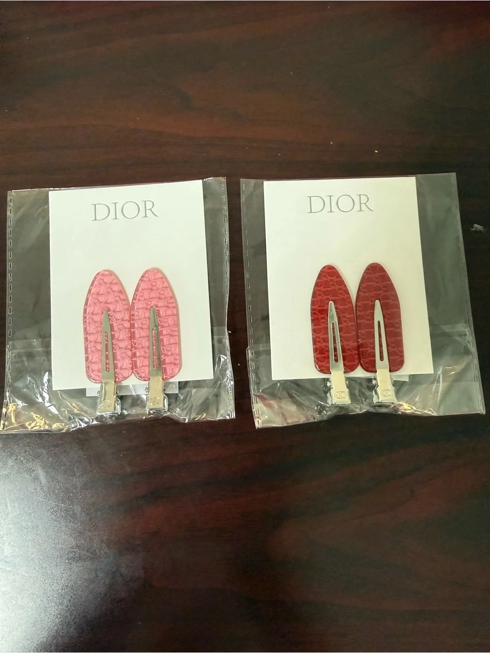 Dior Croc-Embossed Leather Snap Hair Clips in Pink & Red
